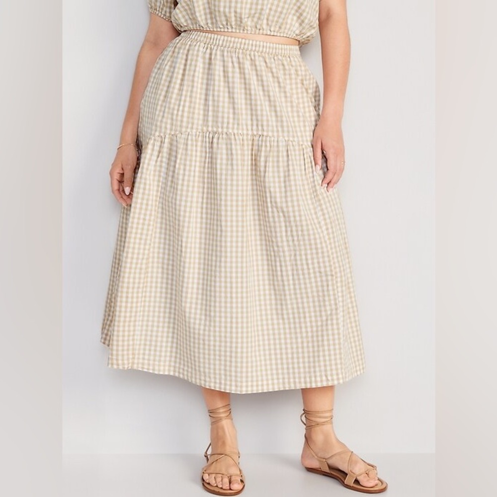 Old Navy Beige Gingham Tiered Midi Maxi Skirt Size XL